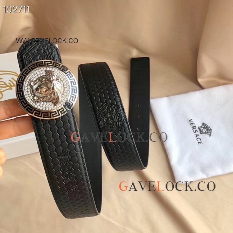 Replica Versace Belt Calf Leather Belt Black and Silver